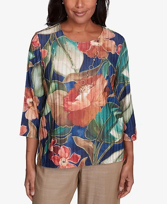 Alfred Dunner Petite Summer Solstice Dramatic Floral Top With Necklace