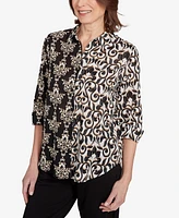 Alfred Dunner Petite Natural Instinct Medallion Twin Print Button Front Top