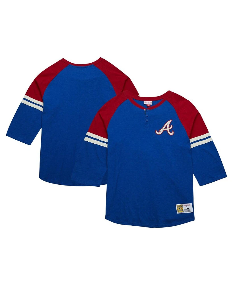 Mitchell & Ness Men's Royal Atlanta Braves Cooperstown Collection Legendary Raglan Slub Henley 3/4-Sleeve T-Shirt