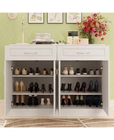 Double-draw, 4-door shoe cabinet, white multi-functional shoe rack, movable shelves