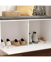 Shoe bench with two lockers, white wooden shoe rack with coat rack, Entryway Bench