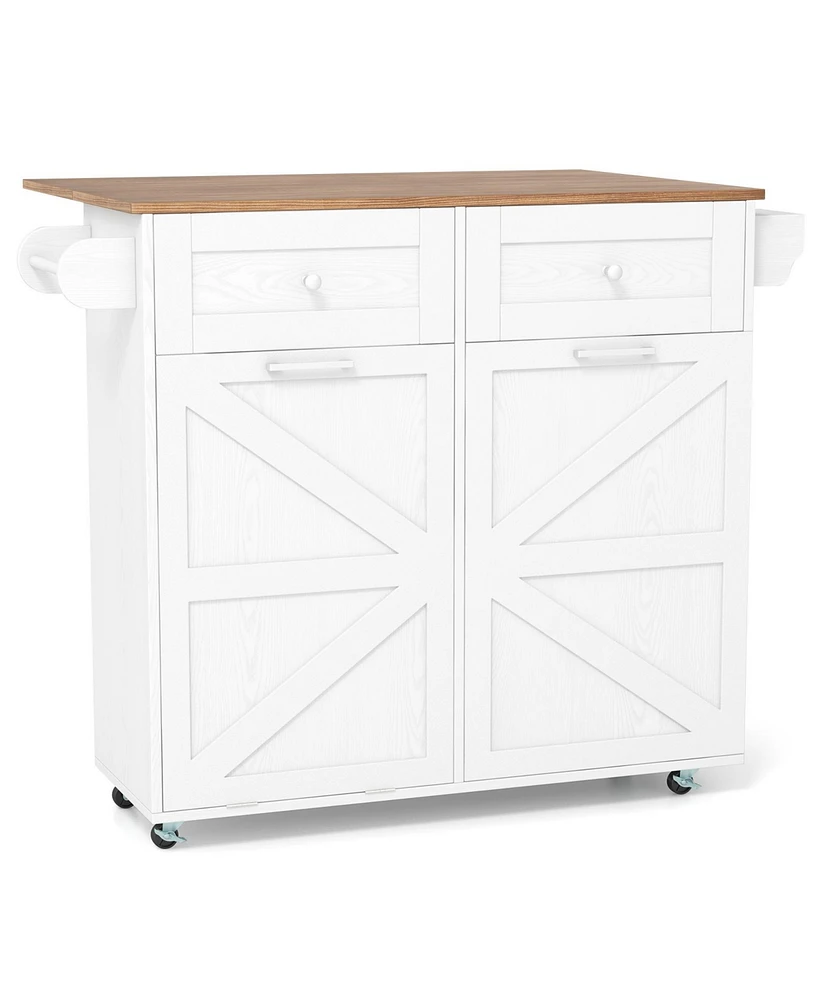 Rolling Kitchen Island with Trash Can Cabinet and Rubber Universal Wheels
