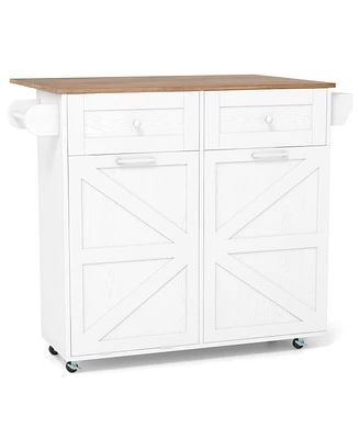 Rolling Kitchen Island with Trash Can Cabinet and Rubber Universal Wheels