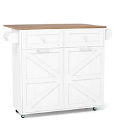 Rolling Kitchen Island with Trash Can Cabinet and Rubber Universal Wheels