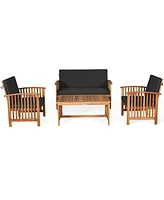 4PCS Patio Solid Wood Furniture Set Conversation Coffee Table W