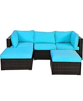 5PCS Patio Rattan Sectional Conversation Set Ottoman