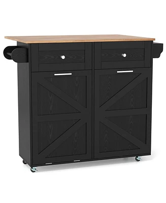 Rolling Kitchen Island with Trash Can Cabinet and Rubber Universal Wheels