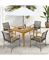 Gymax 5 Pcs Patio Dining Set Acacia Wood Table w/ 1.9'' Umbrella Hole Wicker Armchairs