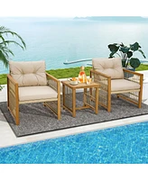 Gymax 3PCS Patio Acacia Wood Pe Wicker Furniture Set w/ Soft Seat & Back Cushions