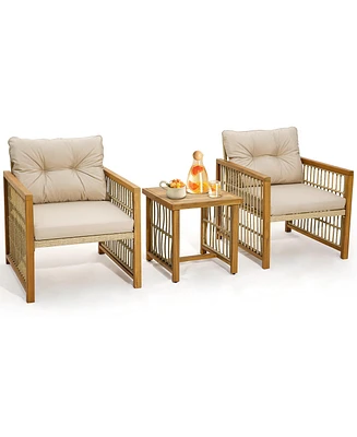 Gymax 3PCS Patio Acacia Wood Pe Wicker Furniture Set w/ Soft Seat & Back Cushions