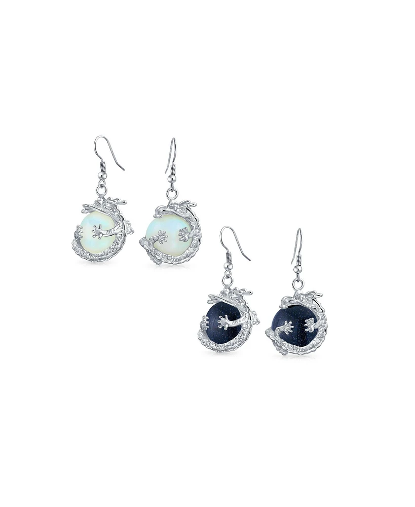 Bling Jewelry Set of 2 Rainbow Dangle Earrings Opalite Blue Goldstone Round Ball Dragon Design