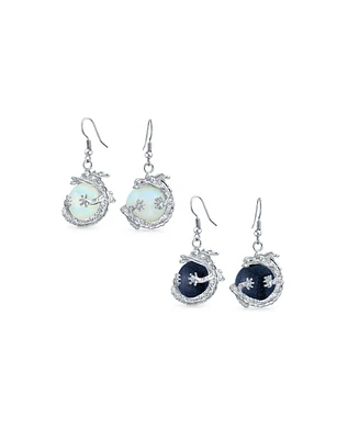 Bling Jewelry Set of 2 Rainbow Dangle Earrings Opalite Blue Goldstone Round Ball Dragon Design