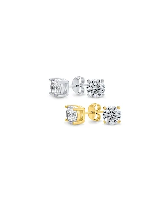 Bling Jewelry Set of 2 Round Solitaire Cz Stud Earrings Gold Plated Sterling Silver