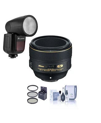 Nikon Nikon 58mm f/1.4G Af-s Nikkor Lens - Bundle Flashpoint Zoom Li-on X R2 Ttl On-Camera Round Flash Speedlight, 72mm Filter Kit, Cleaning Kit