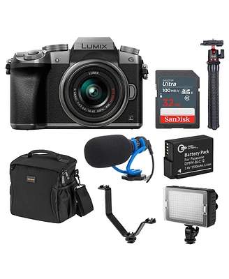 Panasonic Lumix Dmc-G7 Mirrorless Camera with Lumix G Vario 14-42mm Lens, Silver, Bundle with Tripod, Microphone, Triple Shoe V-Bracket, On Camera Led