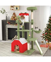 Gymax 61'' Tall Christmas Cat Tree w/ Sisal Scratching Posts Plush Perch & 2 Condos
