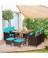 Gymax 9PCS Rattan Wicker Dining Set Patio Outdoor Furniture Set w/ Cushion