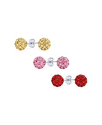 Bling Jewelry Set of 3 Elegant Round 8MM Glittering Pave Crystal Disco Ball Stud Earrings .925 Sterling Silver
