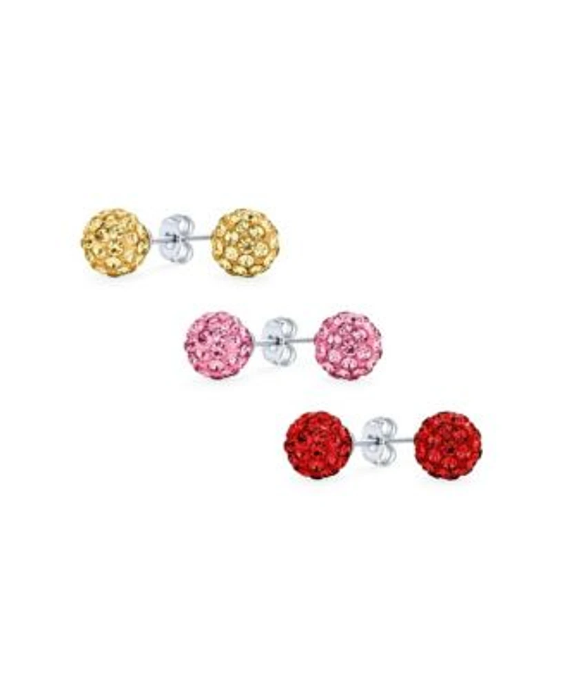 Bling Jewelry Set of 3 Elegant Round 8MM Glittering Pave Crystal Disco Ball Stud Earrings .925 Sterling Silver