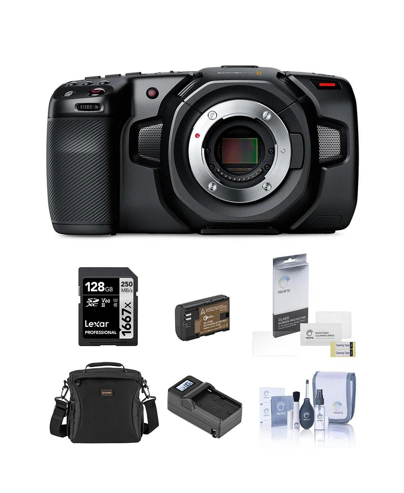 Blackmagic Design Blackmagic Design Pocket Cinema Camera 4K, Bundle, Extra Battery, Smart Charger, 128GB Memory Card, Shoulder Bag, Screen Protector,