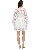 Siena Women's Blouson-Sleeve Tiered Lace A-Line Dress