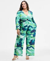 Nina Parker Trendy Plus Long-Sleeve Ring-Detail Jumpsuit