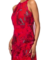Betsy & Adam Petite Printed Ruffled Halter Gown