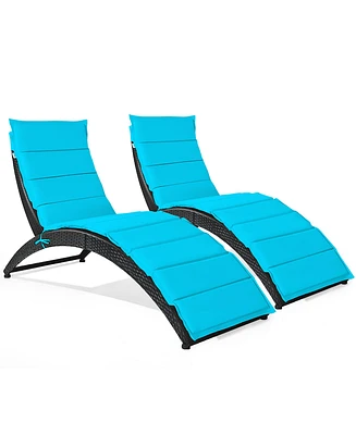 2PCS Folding Patio Rattan Lounge Chair Chaise Cushioned Portable Garden Lawn