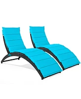 2PCS Folding Patio Rattan Lounge Chair Chaise Cushioned Portable Garden Lawn