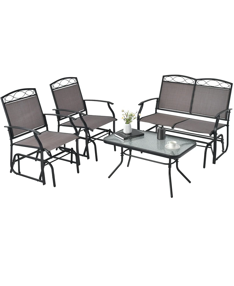 4pcs Patio Glider Conversation Set Swing Rocking Chair Table Heavy-Duty Outdoor