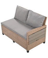 Mondawe 5-Piece Outdoor Sectional Pe Wicker L-Shaped Garden Furniture Set with 2 Extendable Side Tables, Dining Table and Washable Covers