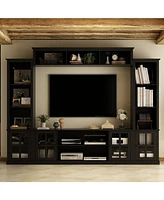 Grey Tv stand with top, left and right cabinets, multi-purpose media wooden console, entertainment center tempered glass