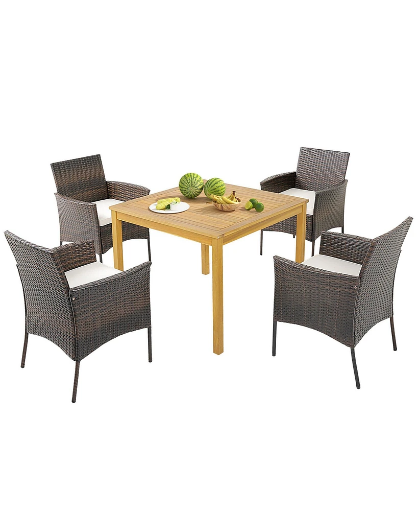 Gymax 5 Pcs Patio Dining Set Acacia Wood Table w/ 1.9'' Umbrella Hole Cushioned Chairs