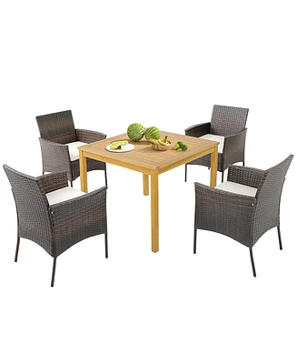 Gymax 5 Pcs Patio Dining Set Acacia Wood Table w/ 1.9'' Umbrella Hole Cushioned Chairs