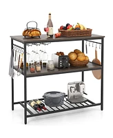3-Shelf Kitchen Island with Wine Glass Holders and 10 Hooks – Versatile Storage Cart with Built-In Wine Glass and Hook Storage