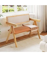 Rubber Wood Dining Bench – Armrests, Sherpa Upholstered Backrest, and Soft Padded Seat for Kitchen or Living Room Seating