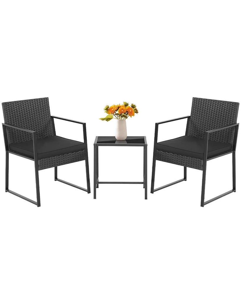 3pcs Patio Furniture Set Heavy Duty Cushioned Wicker Rattan Chairs Table Outdoor