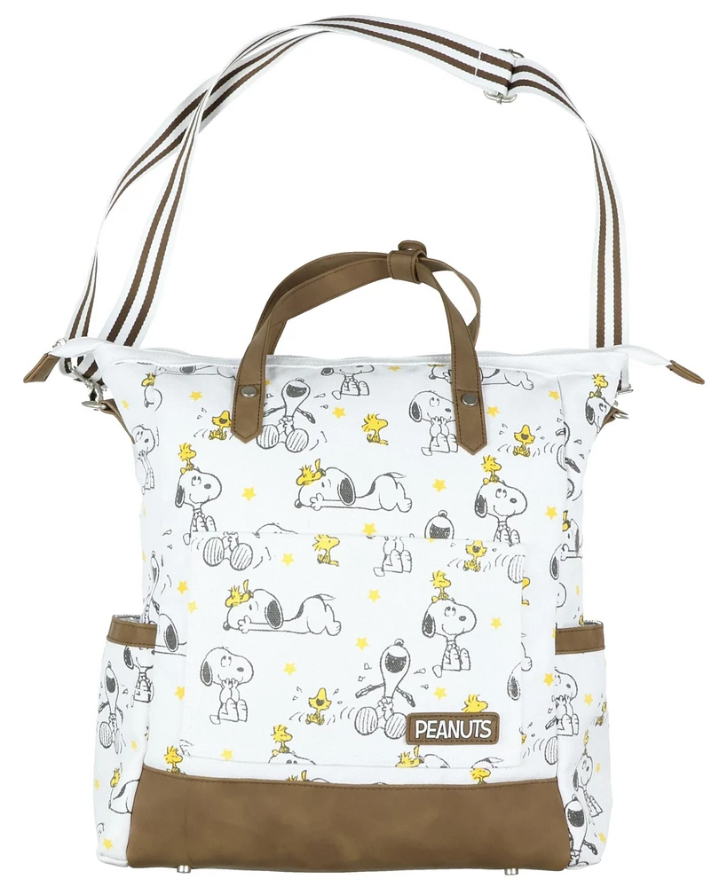 Peanuts Snoopy and Woodstock Convertible Canvas Tote Bag Purse With Backpack Straps And Adjustable Shoulder Strap