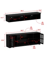 Tv stand with top cabinets, entertainment center tempered glass doors, wooden media console