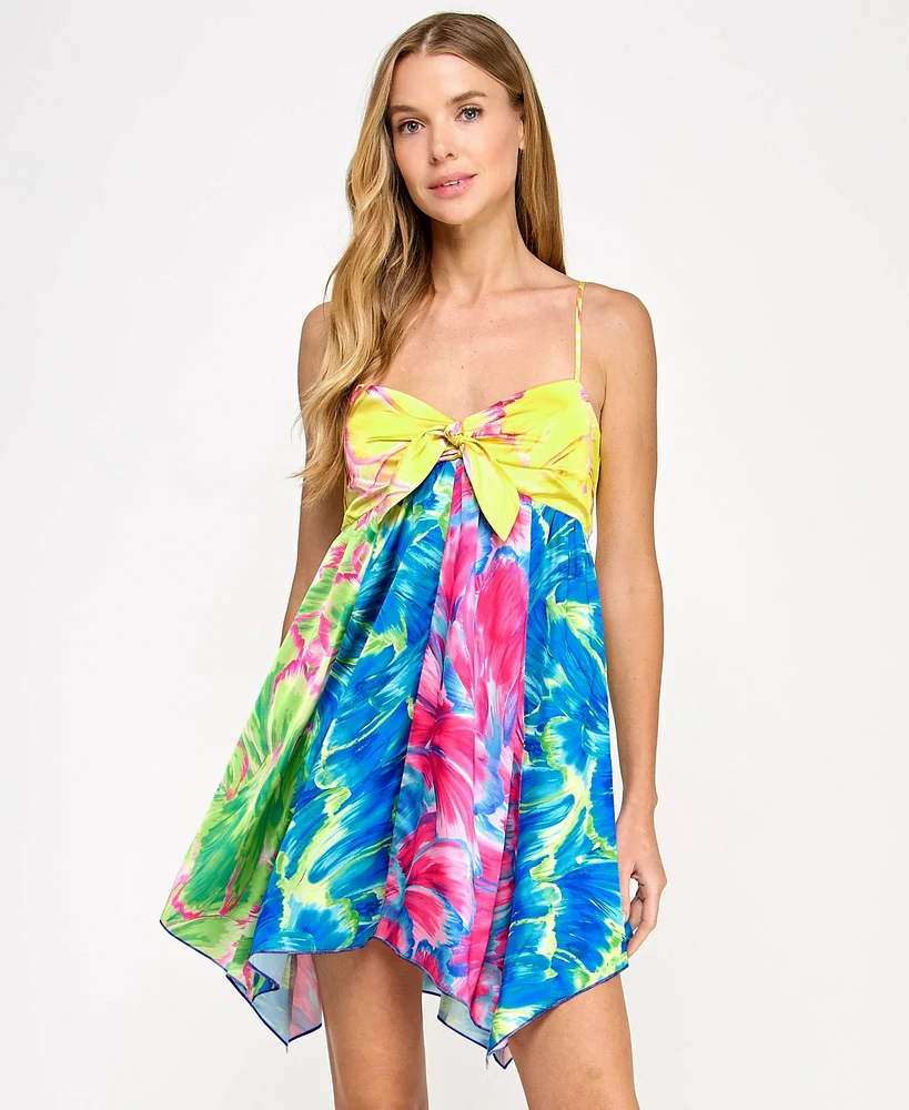 Seni & Cade Juniors' Printed Tie-Front Fit Flare Dress
