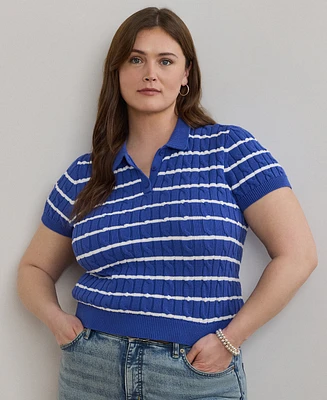 Lauren Ralph Plus Striped Cable-Knit Cotton Polo Sweater
