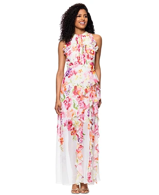 Betsy & Adam Women's Floral Print Ruffled Sleeveless Gown