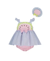 Blueberi Boulevard Baby Girls Multi Seersucker Watermelon Sunsuit and Hat Set