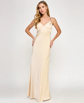 Seni & Cade Juniors' Satin Chain-Trim Long Dress