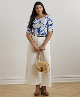 Lauren Ralph Plus Palm-Frond-Print Cotton Boatneck Tee