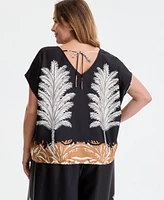 Vince Camuto Plus Placed-Print Boat-Neck Caftan Blouse