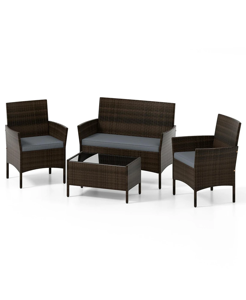 4 Pieces Patio Conversation Set, Patio Pe Rattan Outdoor Set w/