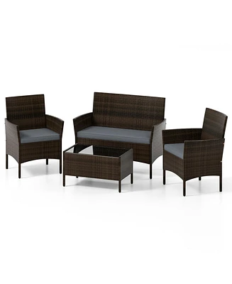 4 Pieces Patio Conversation Set, Patio Pe Rattan Outdoor Set w/