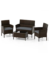 4 Pieces Patio Conversation Set, Patio Pe Rattan Outdoor Set w/