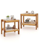 Pcs End Table with Tempered Glass Top Acacia Wood Legs Rattan Storage Shelf